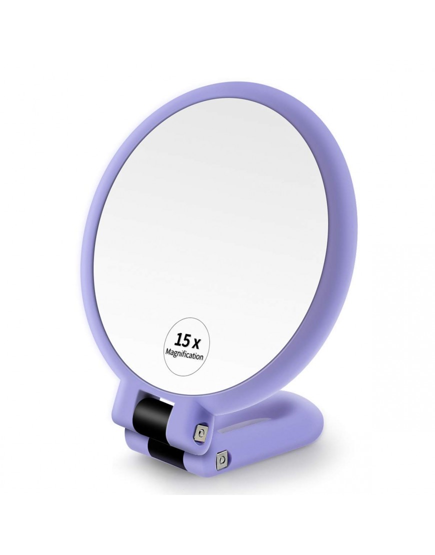 1x 15x Magnifying Hand Held Mirror ,Double Side Folding Magnification Hand Mirror for Women with Adjustable Handle ,Travel Table Desk Shaving Bathroom Purple