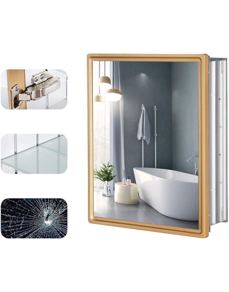 26x16 inch Bathroom Mirror Cabinet Gold Wood Framed Wall Aluminum Alloy Waterproof Medicine Cabinet Northern Europe Storage Hanging Cabinet with Single Door for Toilet Kitchen Recess or Surface Mount