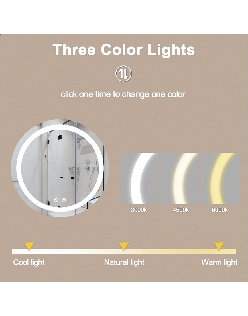 40x 40 Round Anti-Fog Bathroom LED Vanity Mirrors with 3 Color Setting Defogger & Dimmer Touch Switch Control Wall-Mounted Vanity Mirrors Makeup Mirror