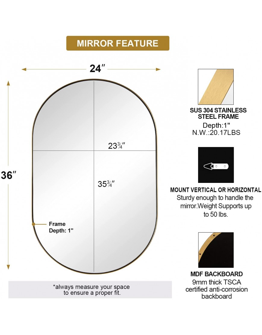 ANDY STAR Gold Oval Mirror Oval Gold Mirror in Stainless Steel Metal Frame for Bathroom Entryway Living Room Contemporary 1 Deep Set Design Wall Mount Hangs Vertical or Horizontal