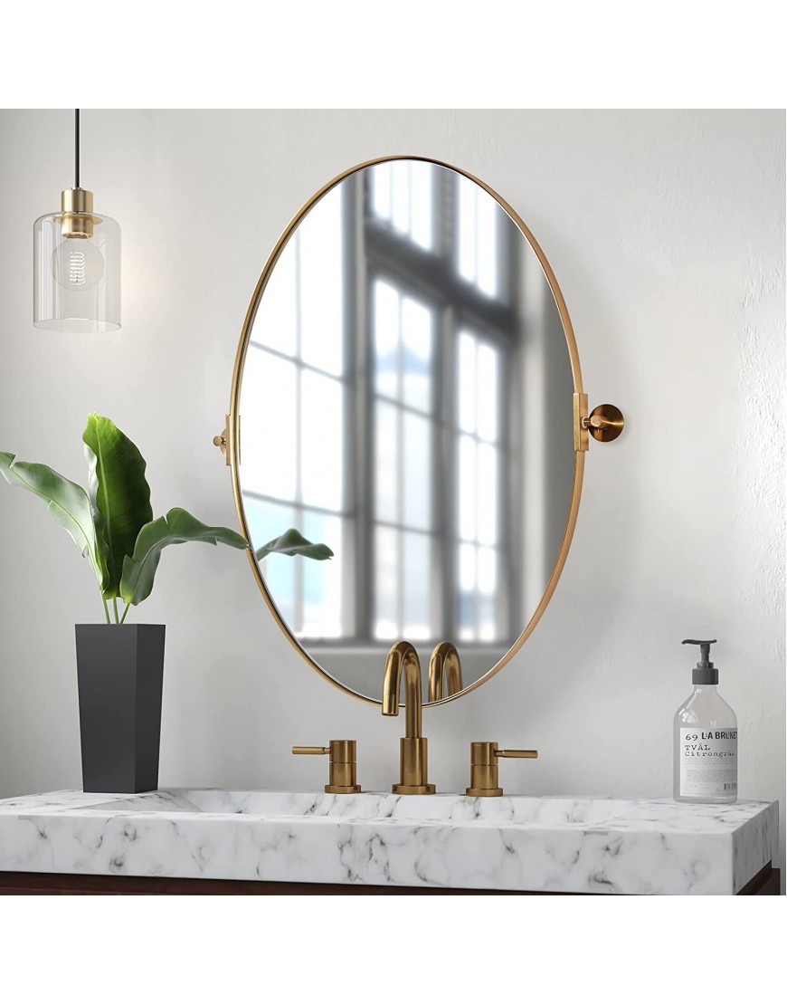 ANDY STAR Gold Oval Mirror Oval Pivot Bathroom Mirror Brushed Gold Oval Pivot Mirror Bathroom Stainless Steel Metal Frame Tilting Vanity Wall Mirror Hangs Vertical