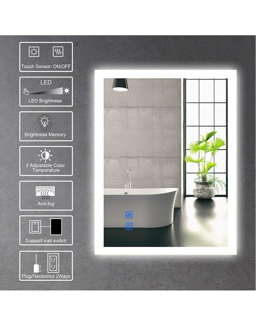 BBE LED Bathroom Mirror with Dimmable Light Anti-Fog Makeup Mirror Wall Mounted Horizontal Vertical 32 x 24 Inch