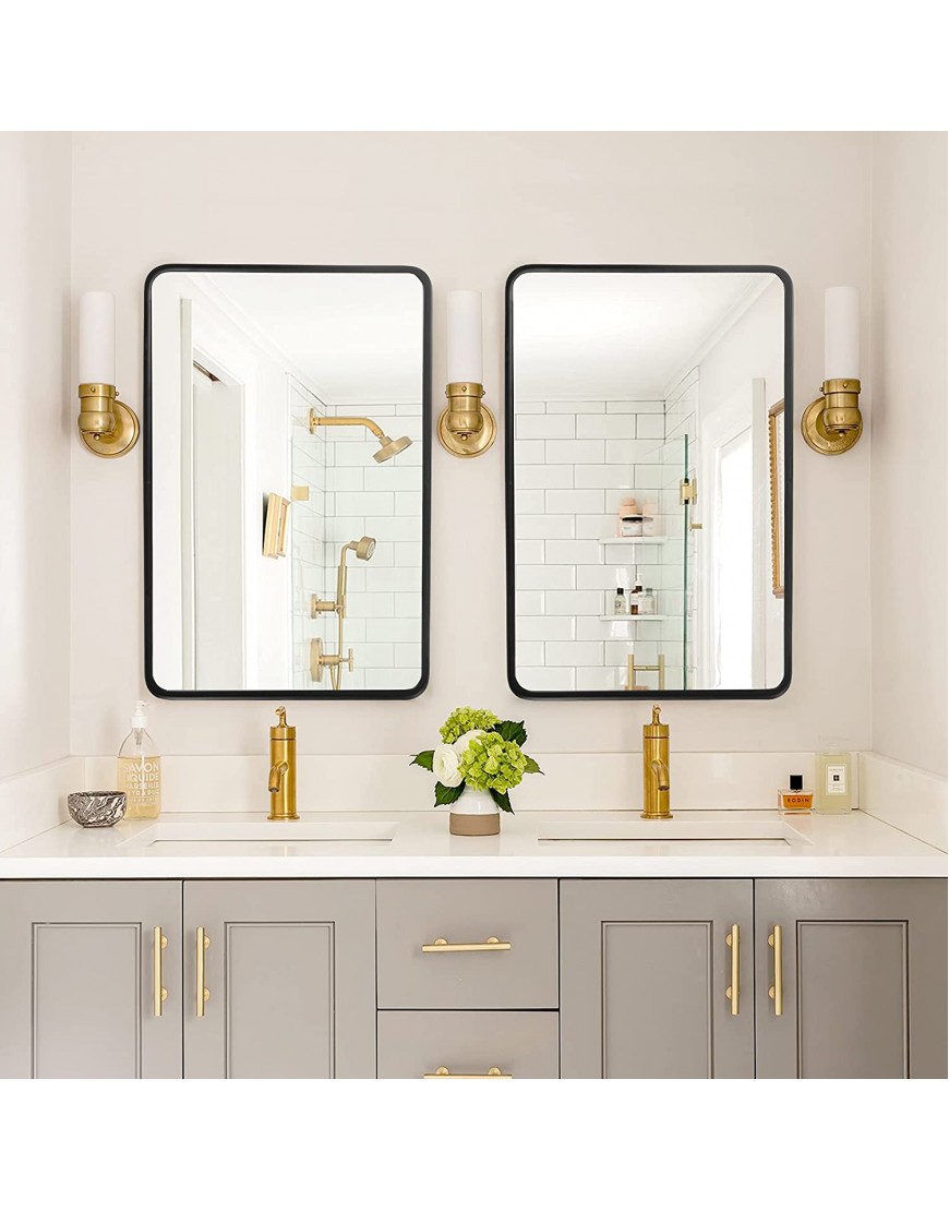Black Wall Framed Rectangular Mirrors for Bathrooms 22x30 Large Rectangle Mirror with Brushed Glass Panel Modern Home Entryway Decor Mirror with Corner Deep Design Hangs Horizontal or Vertical