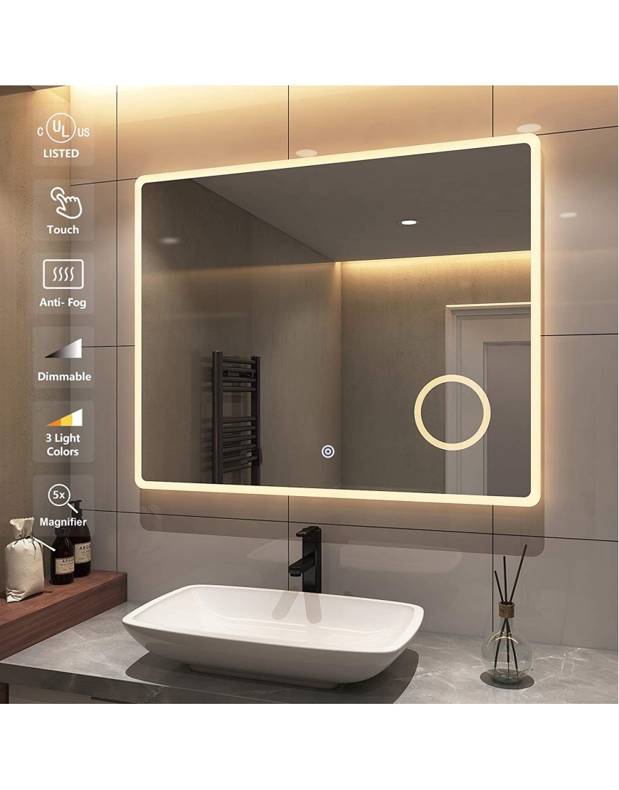 EMKE 40 x 32 Inch Bathroom LED Vanity Mirror Anti-Fog Wall Mounted Bathroom Mirror with Lights and Magnifier Dimmable Brightness Memory IP44 Waterproof CRI 90+ UL Listed