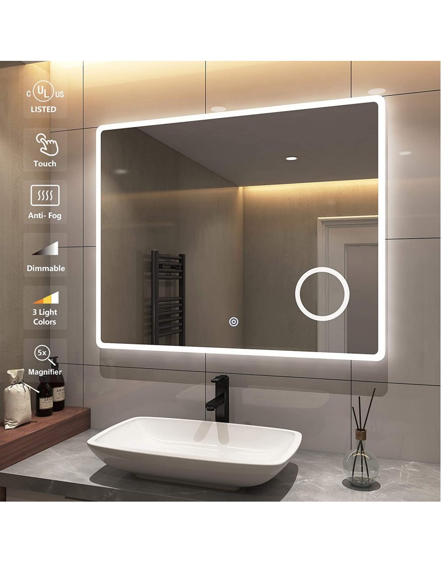 EMKE 40 x 32 Inch Bathroom LED Vanity Mirror Anti-Fog Wall Mounted Bathroom Mirror with Lights and Magnifier Dimmable Brightness Memory IP44 Waterproof CRI 90+ UL Listed