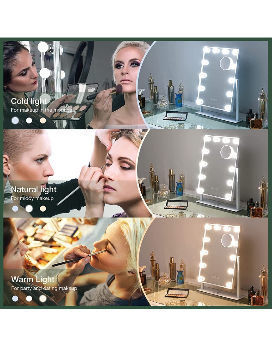 FENCHILIN Lighted Makeup Mirror Hollywood Mirror Vanity Makeup Mirror with Light Smart Touch Control 3Colors Dimmable Light Detachable 10X Magnification 360°RotationWhite