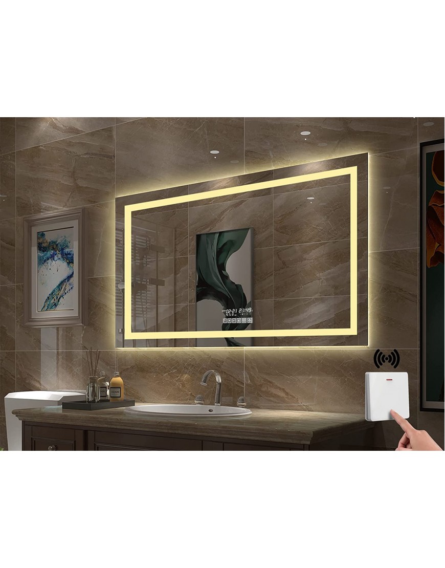 Gesipor 48x36 Bathroom LED Mirror with Wireless Speaker Wall Switch Lighted Vanity Mirrors for Bathroom Wall Mounted Backlit Dimmable Light 3000K 6000K Anti-Fog Makeup Smart Mirror Horizontal