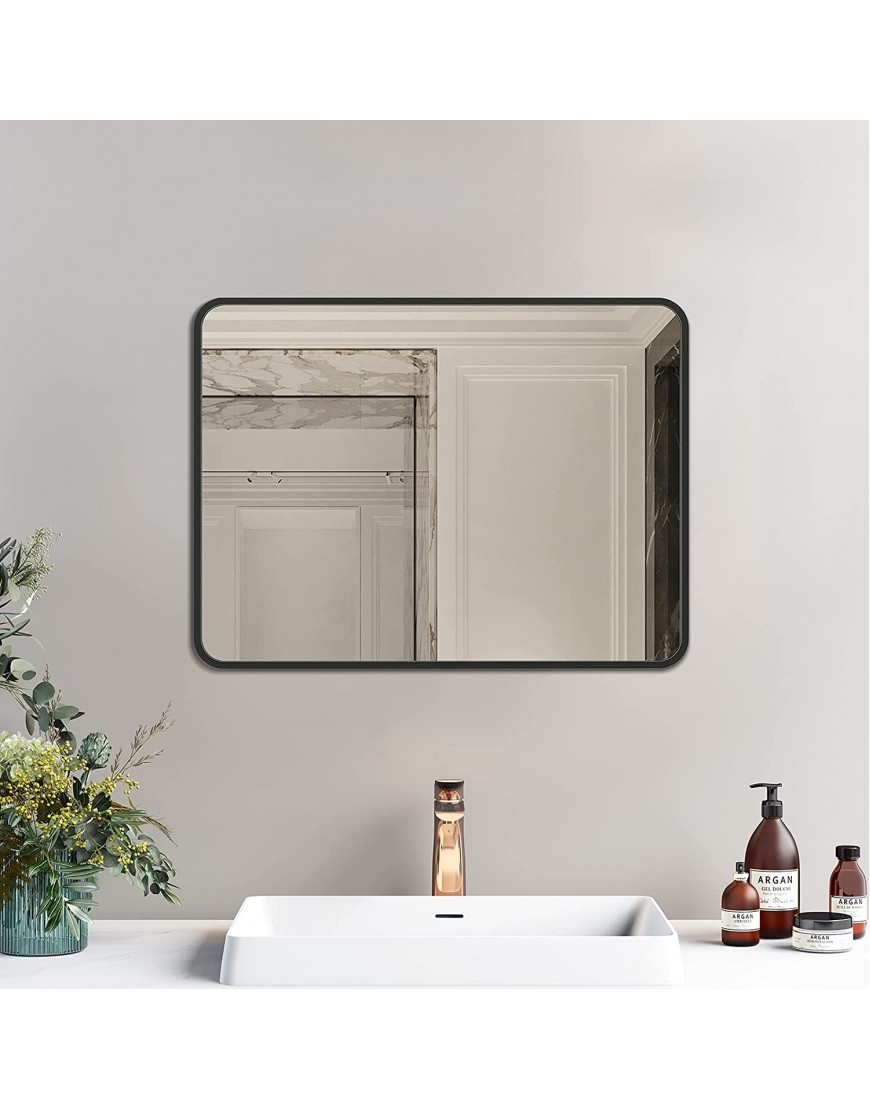 Grail-Life 20 x 28 Inch Black Rectangle Mirror,Bathroom Rounded Rectangular Wall Mounted Mirror,Premium Aluminum Matte Frame,Z-Bar HangerHorizontal or Vertical Suspension
