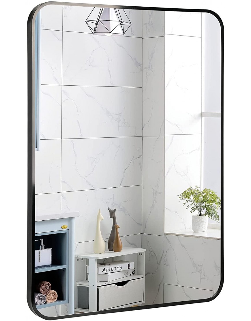 HOMIER Rectangular Mirror Black Frame for Bathroom Wall 22”x30” Horizontal or Vertical Wall Hanging Mounted Metal Framed Mirror Rounded Corner Vanity Mirror