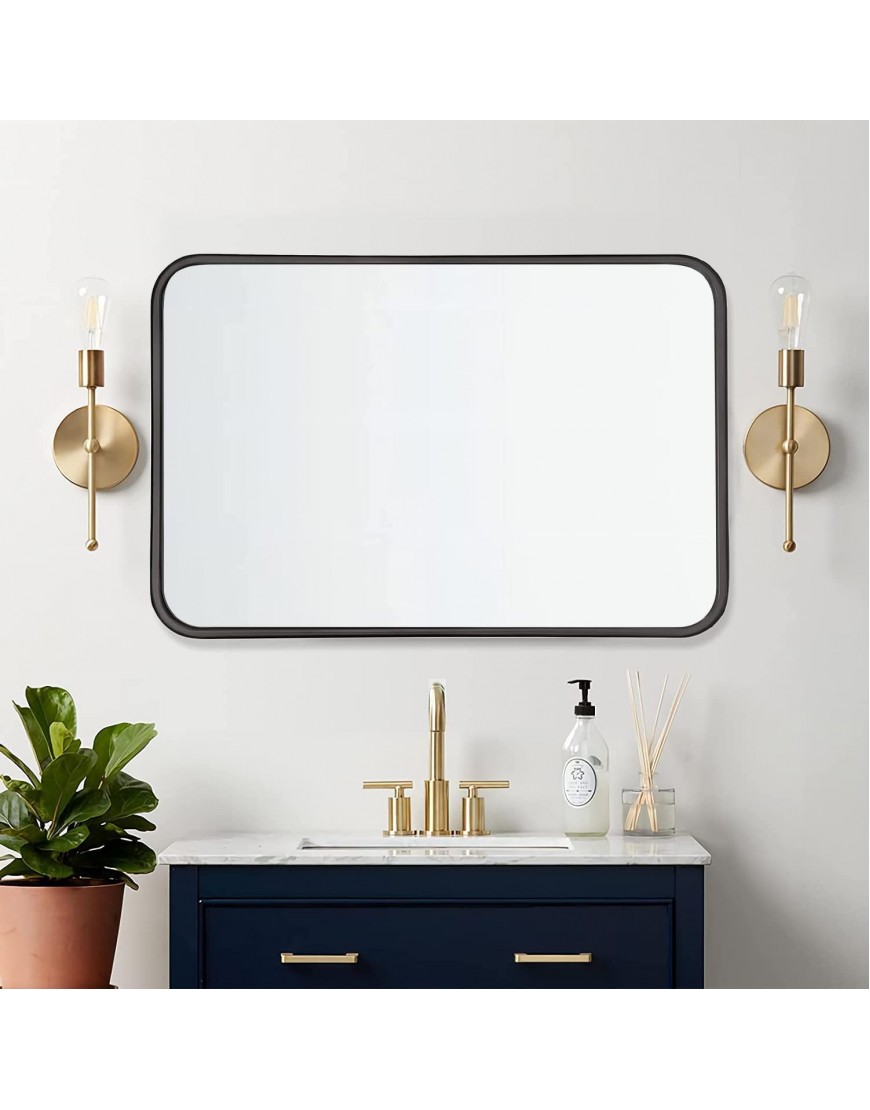 HOWOFURN 24’’x36’’ Rectangular Bathroom Mirror Wall Mirror for Bathroom Wall Mount Mirror Shatter-Proof Metal Black Frame Gourd Hooks Vertical & Horizontal Hung for Bedroom Bathroom