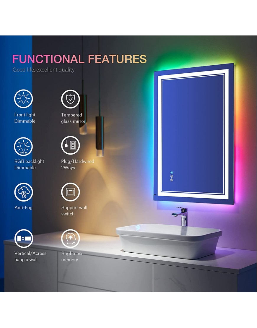 ISTRIPMF 36x24 inch RGB LED Bathroom Mirror Color Changing LED Mirror Shatterproof Dimmable Anti-Fog led Mirror for Bathroom RGB Multicolor Backlit + Adjustable Front-Lighted