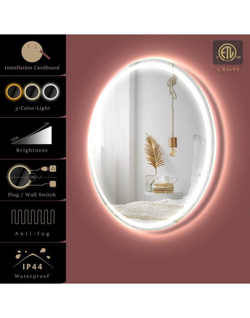 KWW 28 Inch Large Modern LED Round Mirror Bathroom Vanity Mirror Color Temperature Adjustable Wall Mounted Anti-Fog Dimmable Lights Makeup Mirror with Smart Touch Button Switch