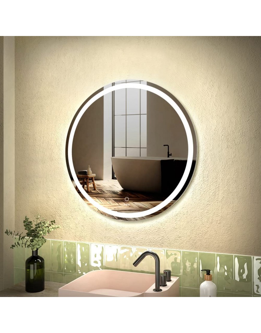 KWW 28 Inch Large Modern LED Round Mirror Bathroom Vanity Mirror Color Temperature Adjustable Wall Mounted Anti-Fog Dimmable Lights Makeup Mirror with Smart Touch Button Switch