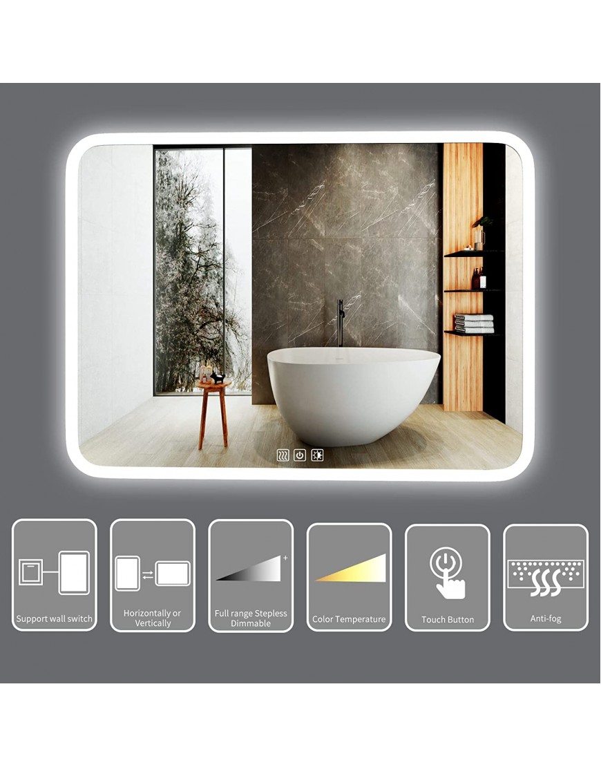 LED Mirror Bathroom for Wall 48 X 36 Inch Anti Fog Bathroom Mirror for Vanity Lighted Makeup Mirror with 3 Lights Settings Fog Free Frameless Smart Mirror