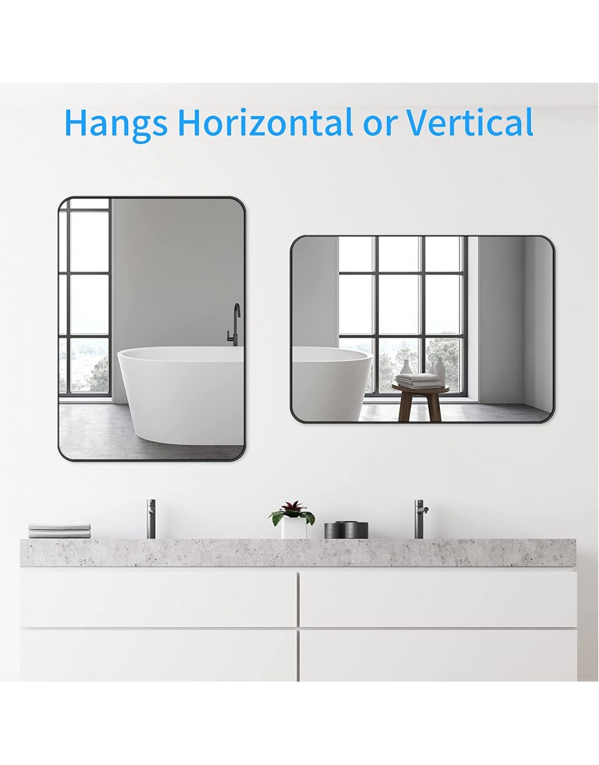 LOAAO Black Metal Framed Bathroom Mirror for Wall 24X36 Inch Rounded Rectangle Mirror Matte Black Bathroom Vanity Mirror Farmhouse Anti-Rust Tempered Glass Hangs Horizontal or Vertical