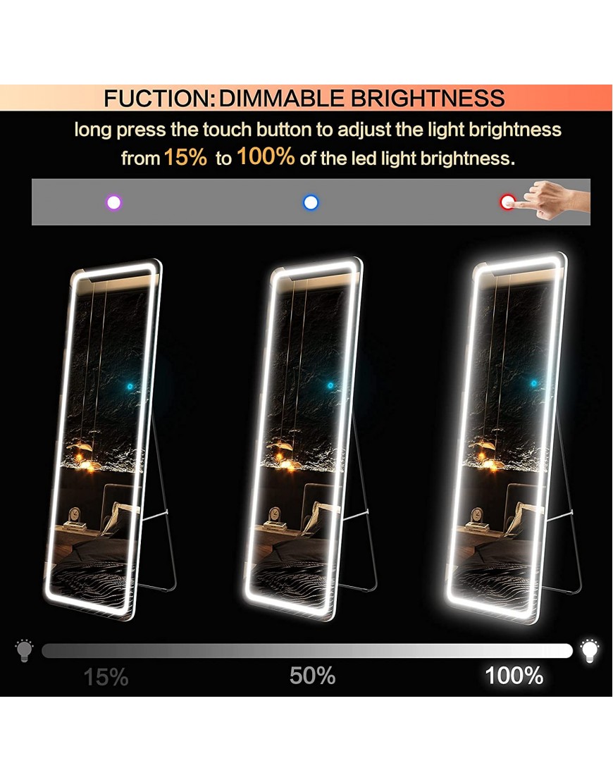 LVZORY 63x20 Full Length Floor Mirror Dimming Lights Bedroom Tall Full-Size Body Mirror Lighted Mirror Free Standing Mirror Wall Mounted Hanging Mirror Dressing Mirror Touch Control White 20,