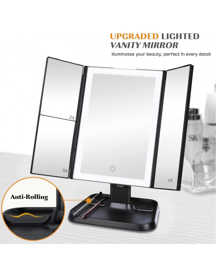 Makeup Mirror Vanity Mirror with Lights 3 Color Lighting Modes 72 LED Trifold Mirror Touch Control Design 1x 2x 3x Magnification Portable High Definition Cosmetic Lighted Up Mirror Black
