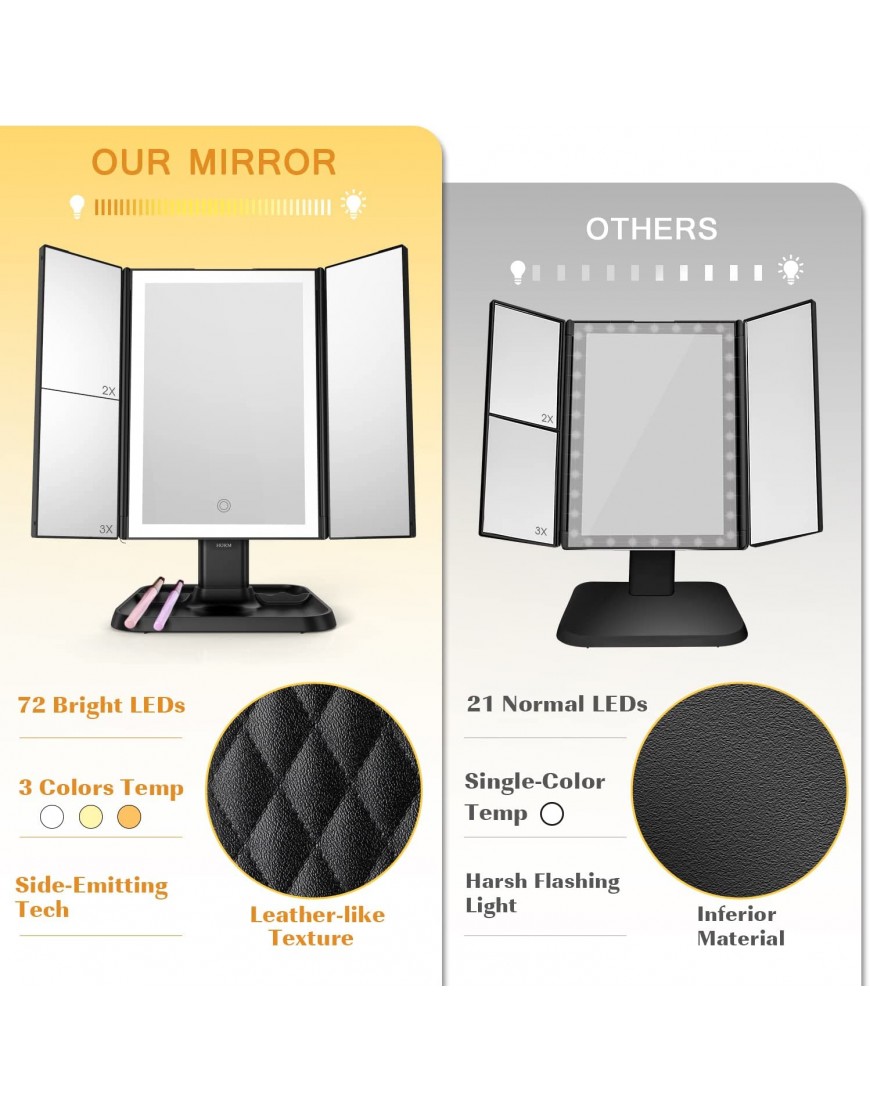 Makeup Mirror Vanity Mirror with Lights 3 Color Lighting Modes 72 LED Trifold Mirror Touch Control Design 1x 2x 3x Magnification Portable High Definition Cosmetic Lighted Up Mirror Black