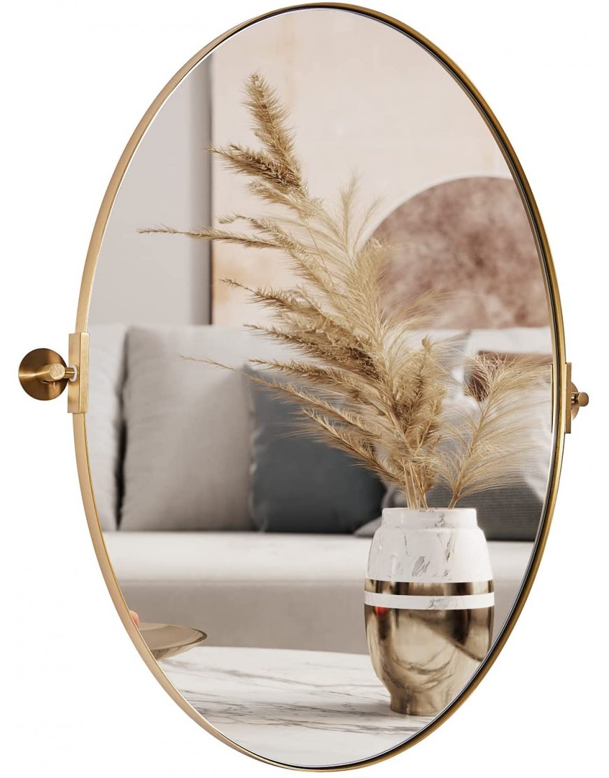 MOON MIRROR Vanity Wall Mirror 24x36 Brushed Gold Oval Pivoting Vanity Mirror in Stainless Steel Frame 1 Deep Set Design Wall Mounted Mirror Hangs Vertical