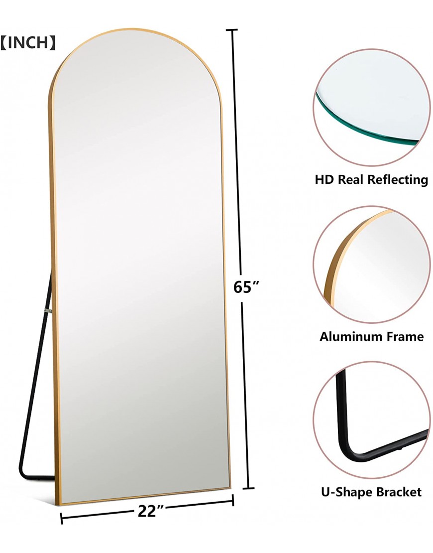 NeuType Arched Full Length Mirror Large Full Body Mirror with Aluminium Metal Frame Shatter Protection Wall-Mounted Mirrors for Living Room or Dressing Room- Gold（Arched）,65”x 22”
