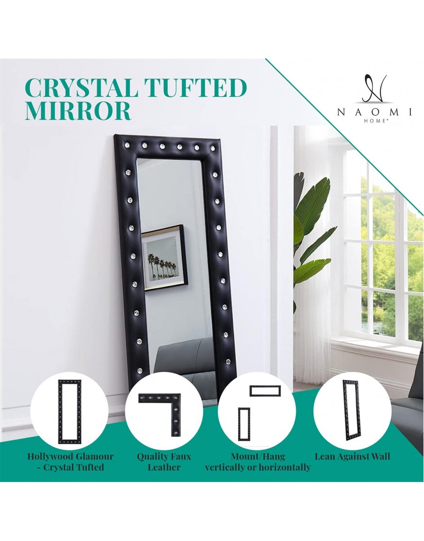 Oversized Mirror Tall Mirror Full Body Free Standing Leaning or Wall Mounted Mirrors for Bedroom Living Room Bathroom by Naomi Home Tufted Grey Crystal Tufted Frame