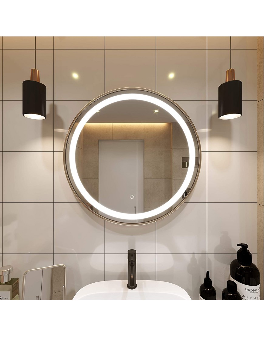 PetusHouse 24 Inch Gold Round LED Lighted Bathroom Mirrors 4069 Lumen Wall Mounted White Light Dimmable Memory Button Waterproof CRI>90 5MM Copper Free Mirrors