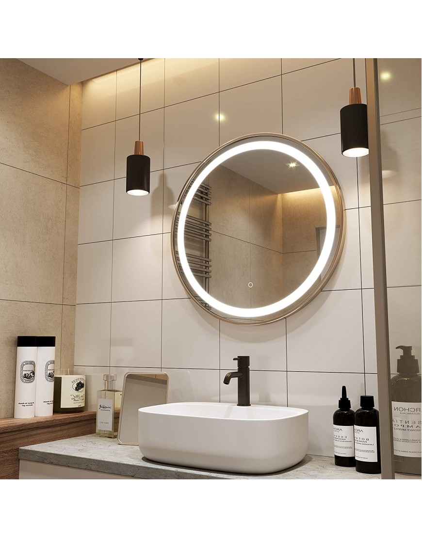 PetusHouse 24 Inch Gold Round LED Lighted Bathroom Mirrors 4069 Lumen Wall Mounted White Light Dimmable Memory Button Waterproof CRI>90 5MM Copper Free Mirrors