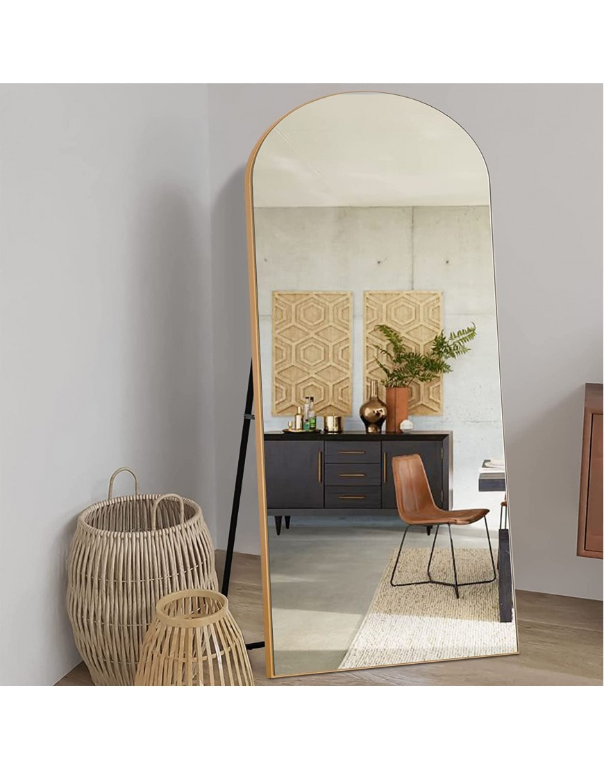 Pexfix Arched Full Length Mirror Arched Wall Mirror Floor Mirror with Stand Contemporary Full Length Mirror with Gold Wood Frame,65''×22''