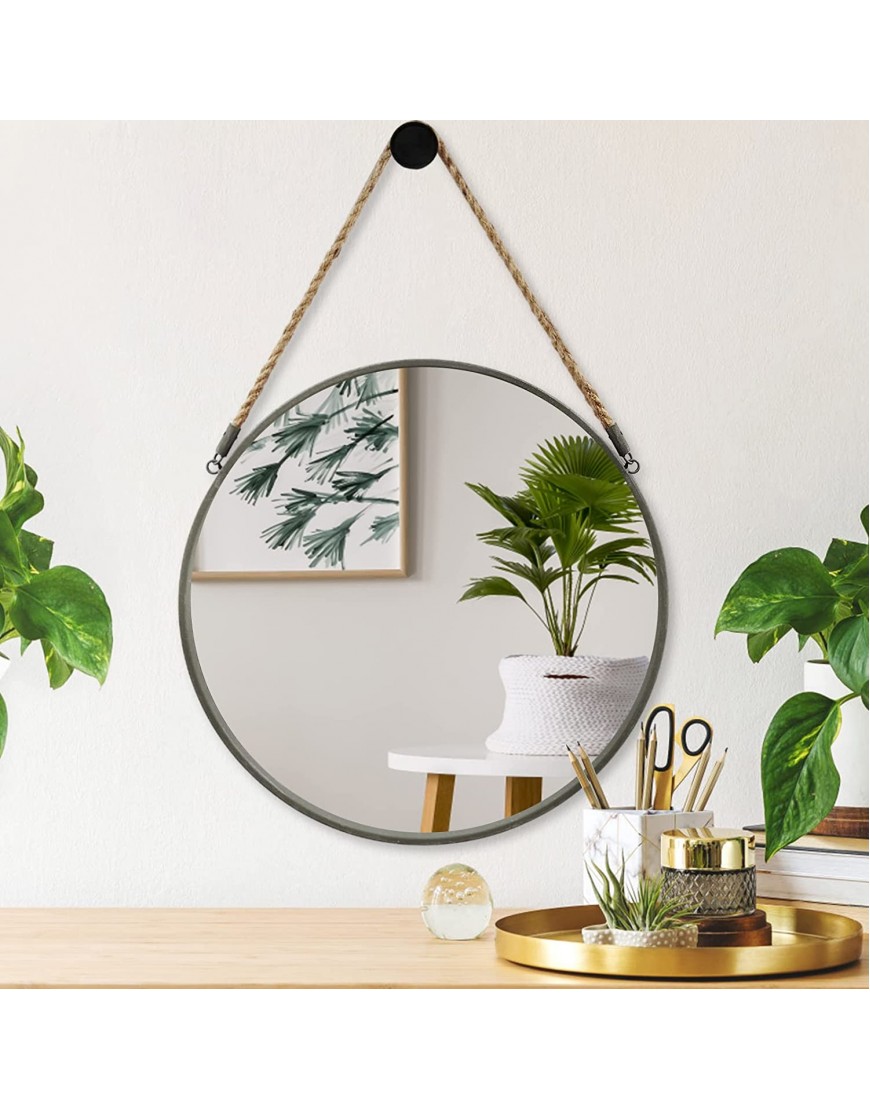 POZINO Wall Mounted Mirror Round 20 inch Decorative Farmhouse Circle Rustic Finish Metal Frame Accent Mirror with Hanging Rope for Bathroom Bedroom Living Room Dorm or Entryway