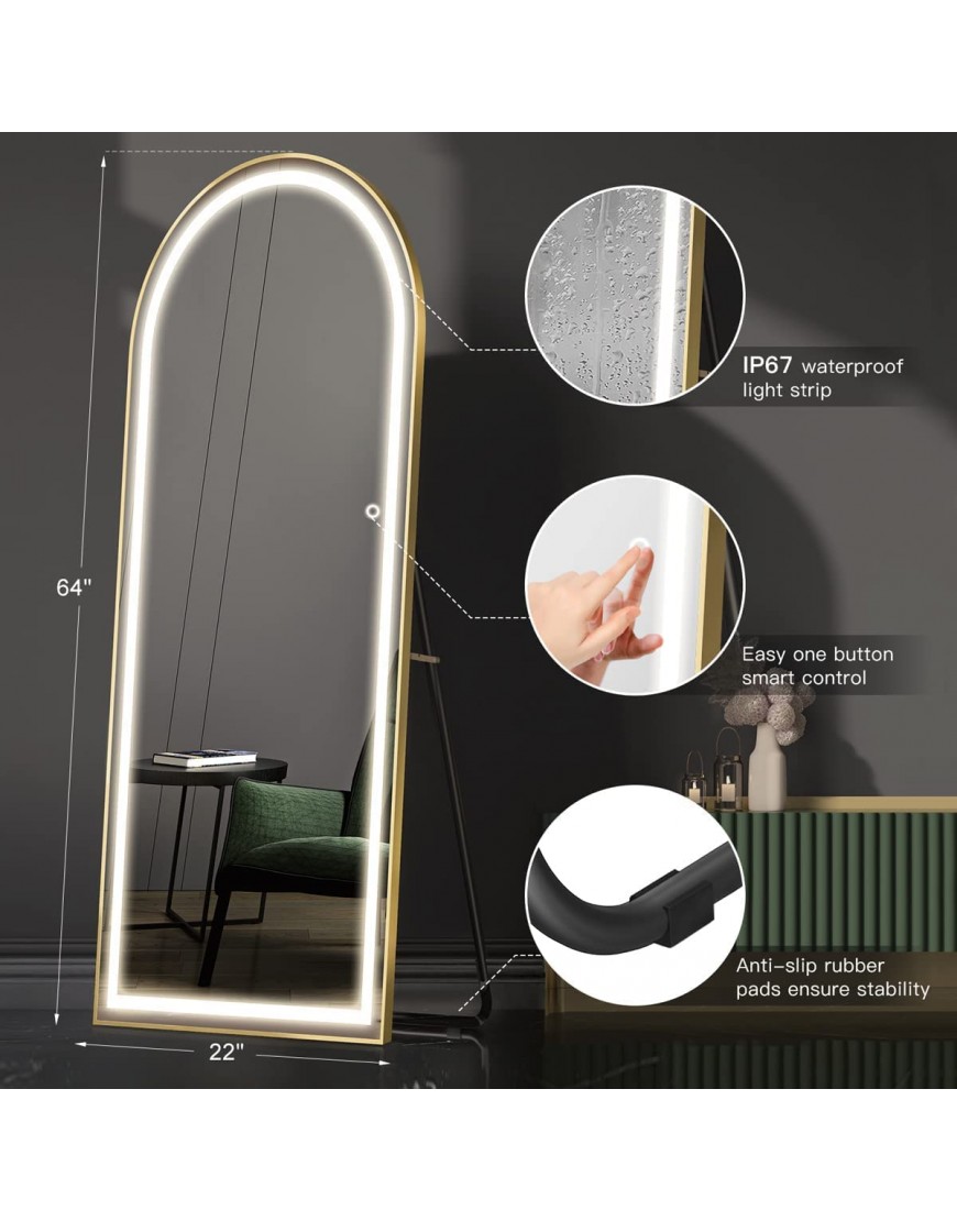 Raybee 64 x 22 Arched Full Length Mirror with LED Lights 3 Colors Free Standing Wall Mounted Full Body Mirror for Bedroom Living Room Oversized Floor Mirror with Double Row Lamp Beads Gold