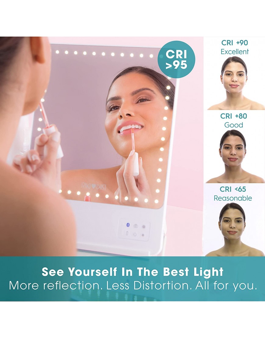 Riki Skinny Smart Vanity Mirror with HD LEDs Magnifying Mirror Attachment Phone Holder and Bluetooth Control White 5X Magnification