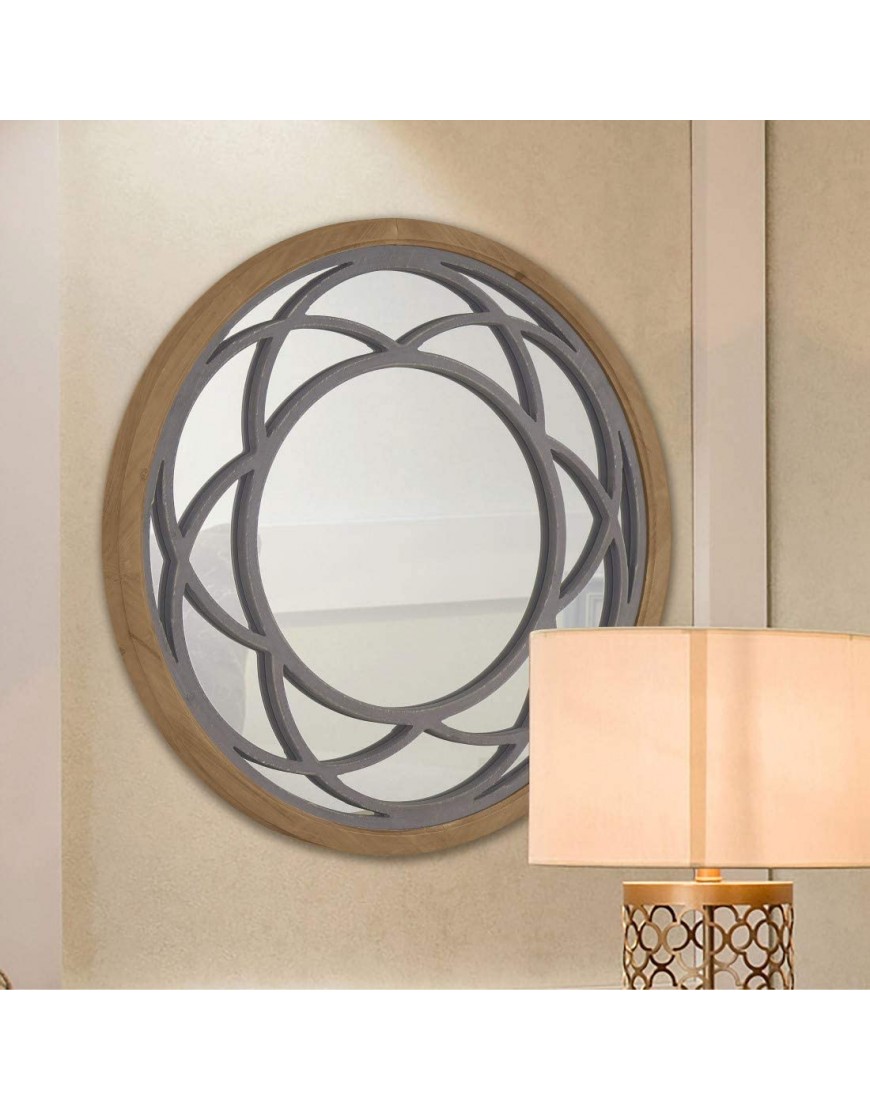 Rustic Round Decorative Large Wall Mirror 30 with Wood Frame for Living Room Bedroom Kitchen Entryway Wall Decor Lotus