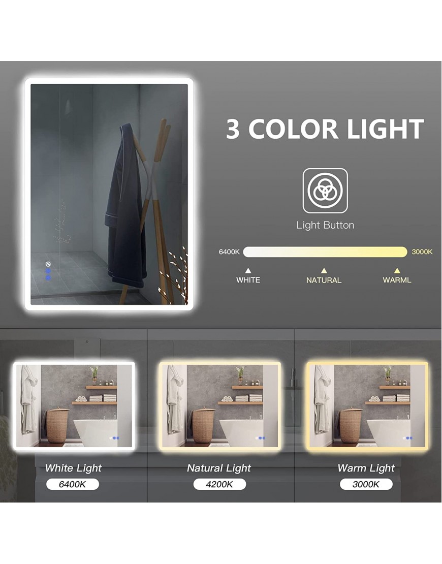Seven Zinnia Bathroom Mirror with Lights LED for Bathroom Lighted Wall Mounted Anti-Fog Vanity Dimmable Backlit Touch Switch Horizontal Vertical 24''x32''
