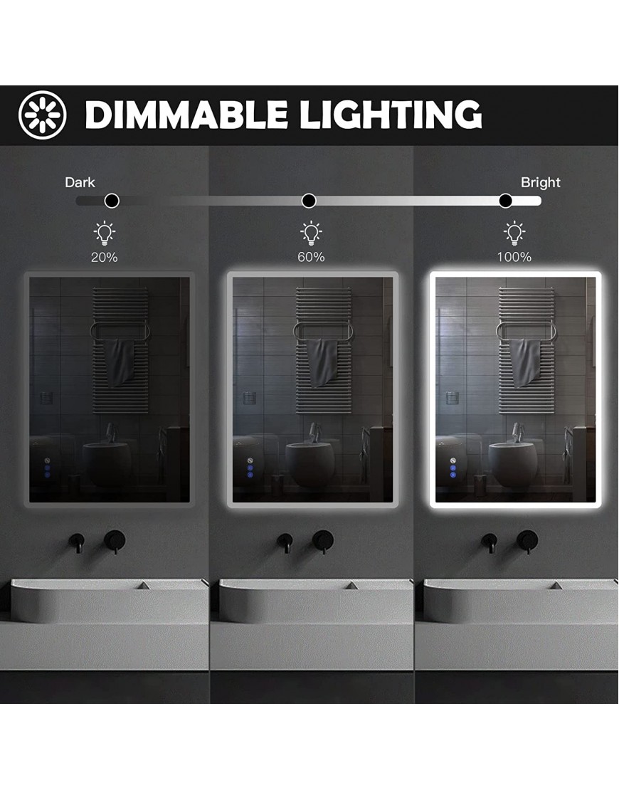 Seven Zinnia Bathroom Mirror with Lights LED for Bathroom Lighted Wall Mounted Anti-Fog Vanity Dimmable Backlit Touch Switch Horizontal Vertical 24''x32''