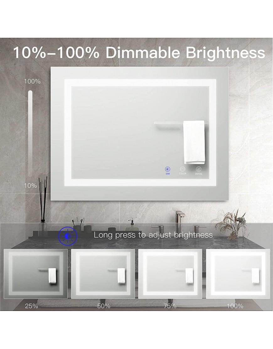 TATU LED Bathroom Mirror,36x28 Inch Bathroom Vanity Mirror Wall Mounted with 3000K-6000K Adjustable Anti-Fog Smart Touch Button Stepless Dimmable Lighted Makeup Mirror Horizontal Vertical