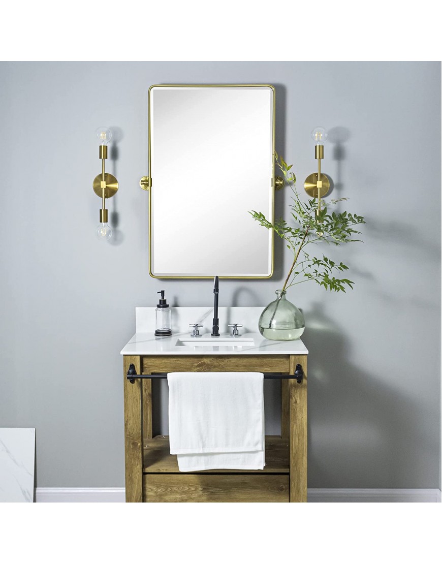 TEHOME Pivot Rectangle Bathroom Vanity Mirror Brushed Gold Rounded Corner Metal Framed Tilting Beveled Vanity Wall Mirrors