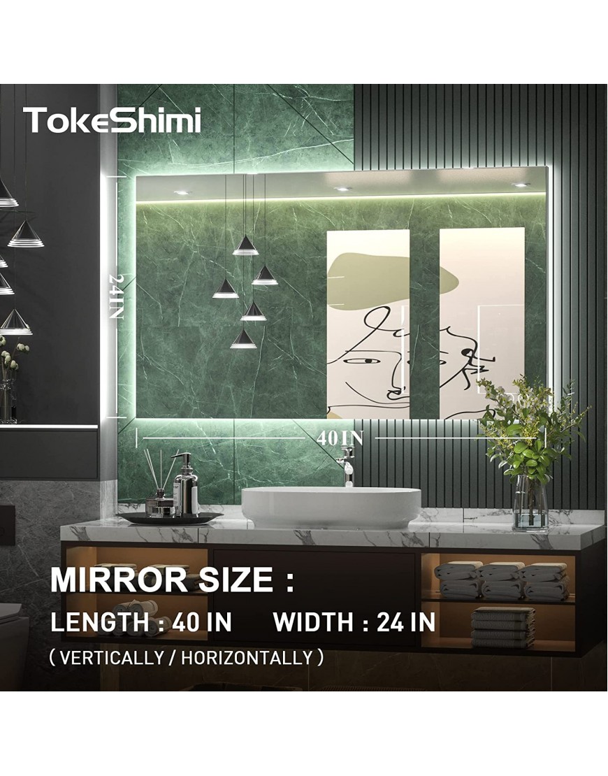 TokeShimi 40 x 24 Inch LED Backlit Mirror Bathroom Anti Fog Wall Mirror with Lights Modern Mirrors for Vanity Lighted Bathroom Mirror Dimmable Horizontal Vertical