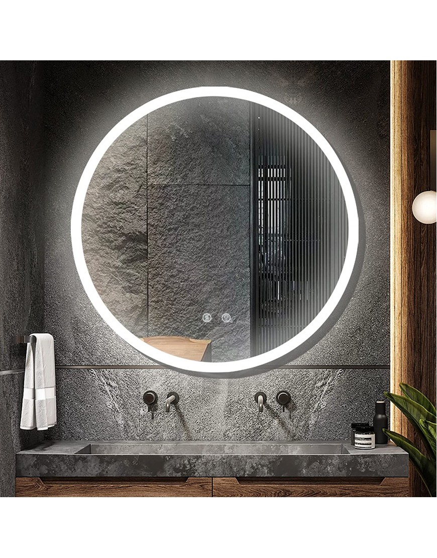 Vlsrka 29.5 Inch Round Bathroom LED Lighted Mirror Wall Mounted Vanity Makeup Mirror with Lights 3 Colors Dimmable Brightness IP54 Waterproof Smart Touch Switch Anti-Fog Circle Mirror for Wall