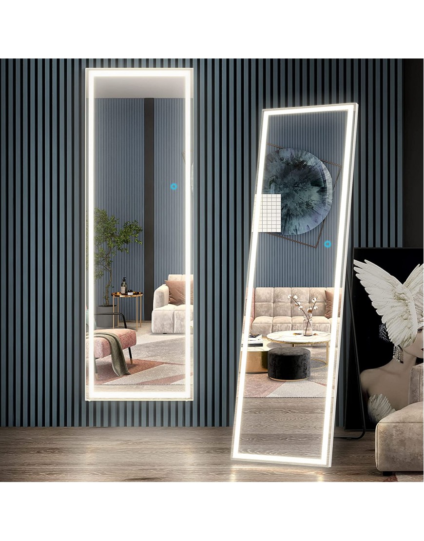 Vlsrka Full-Length Floor Mirror with LED Lights 63" x 20" Free Standing Tall Mirror Wall Mounted Hanging Mirror Vanity Makeup Lighted Mirror Full-Size Body Mirror Dressing Mirror