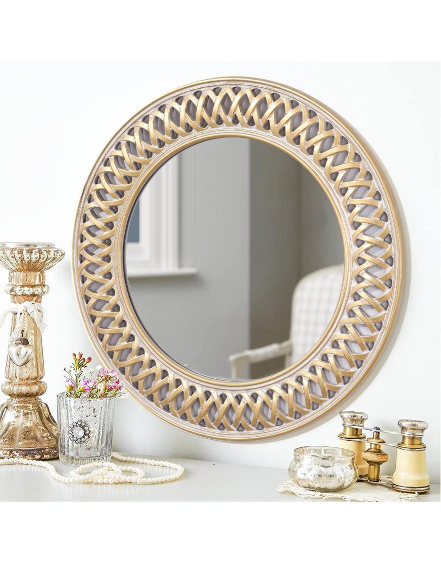Wooden Wall Mirror Decorative Round 24” Rustic Farmhouse Accent Hanging Circle Mirror for Living Room Bedroom