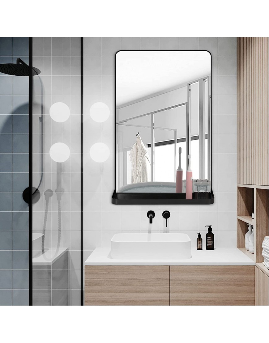 YOSHOOT Wall Mirror for Bathroom, 24x36 Inch Black Mirror withShelf, 100% Stainless Steel Metal Rounded Corner Rectangle Mirror, Wall-Mounted Mirrors for Living Room Bedroom Entryway
