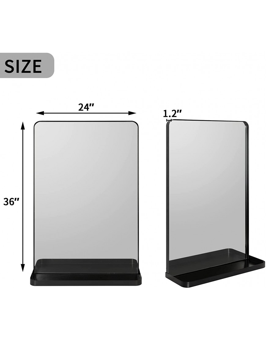 YOSHOOT Wall Mirror for Bathroom, 24x36 Inch Black Mirror withShelf, 100% Stainless Steel Metal Rounded Corner Rectangle Mirror, Wall-Mounted Mirrors for Living Room Bedroom Entryway