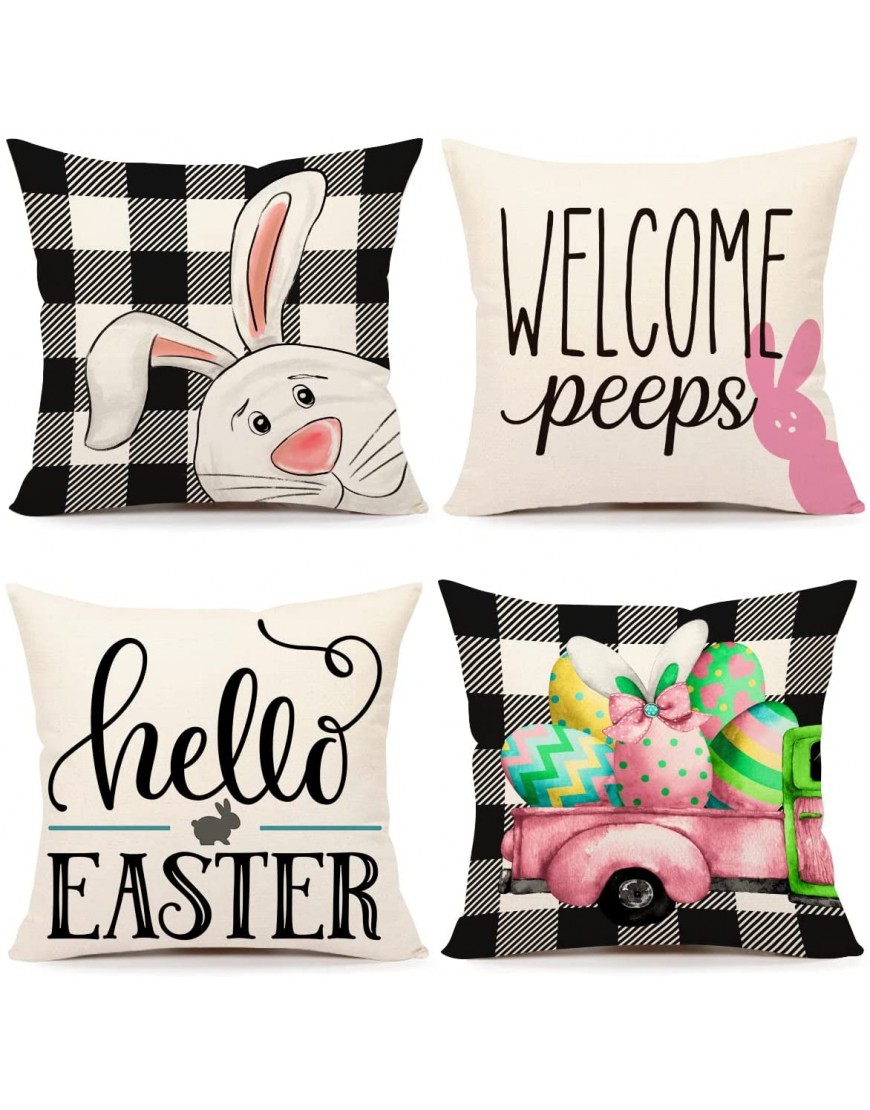 4TH Emotion Easter Pillow Covers 18x18 Set of 4 Easter Decorations for Spring Farmhouse Pillows Easter Decorative Throw Pillows Buffalo Plaid Bunny Eggs Throw Cushion Case for Home Decor TH086-18