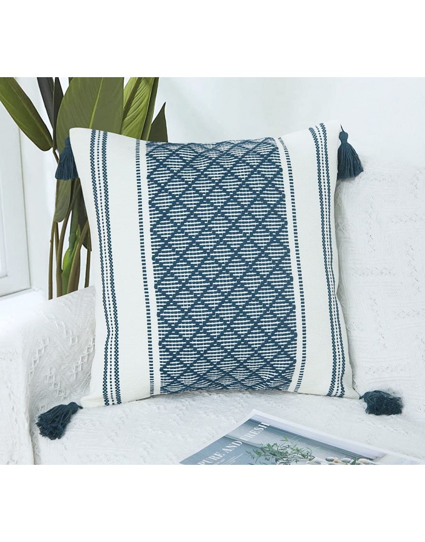 Bohemian Decorative Throw Pillow Cover with Tassels 20x20 Inches Color: Cream & Smoky Blue | Cushion Cover for Couch Pillow| Boho Woven Tufted Pillow Case | Neutral Accent Cushion Cover Single Piece