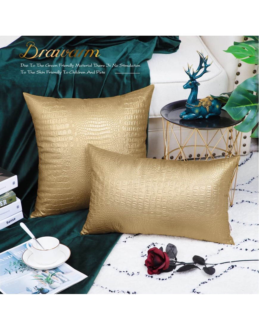 BRAWARM Gold Leather Pillow Covers 16 X 16 Inches Gold Crocodile Pillow Covers Pack of 2 Decorative Gold Throw Pillows for Living Room Garden Couch Bed Sofa