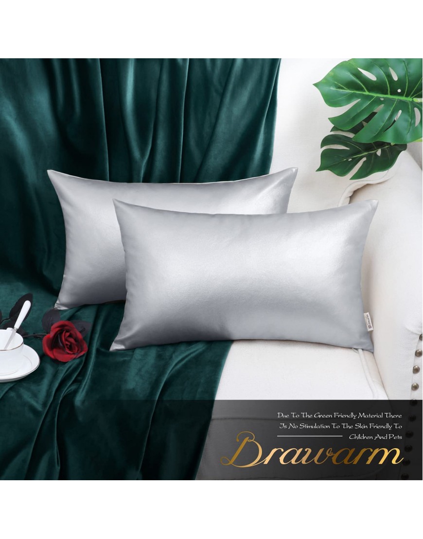 Brawarm Pack of 2 Silver Leather Throw Pillows 12 X 20 Inches Silver Faux Leather Decorative Throw Pillow Covers for Living Room Home Decor Garden Couch Bed Sofa