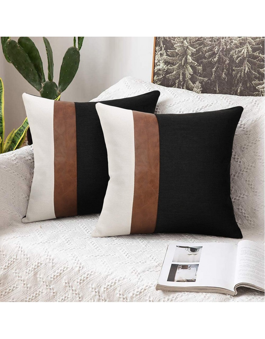 cygnus Faux Leather and Linen Throw Pillow Cover 18x18 Inch Black and White Modern Decorative Accent Cushion Cover for Couch Sofa
