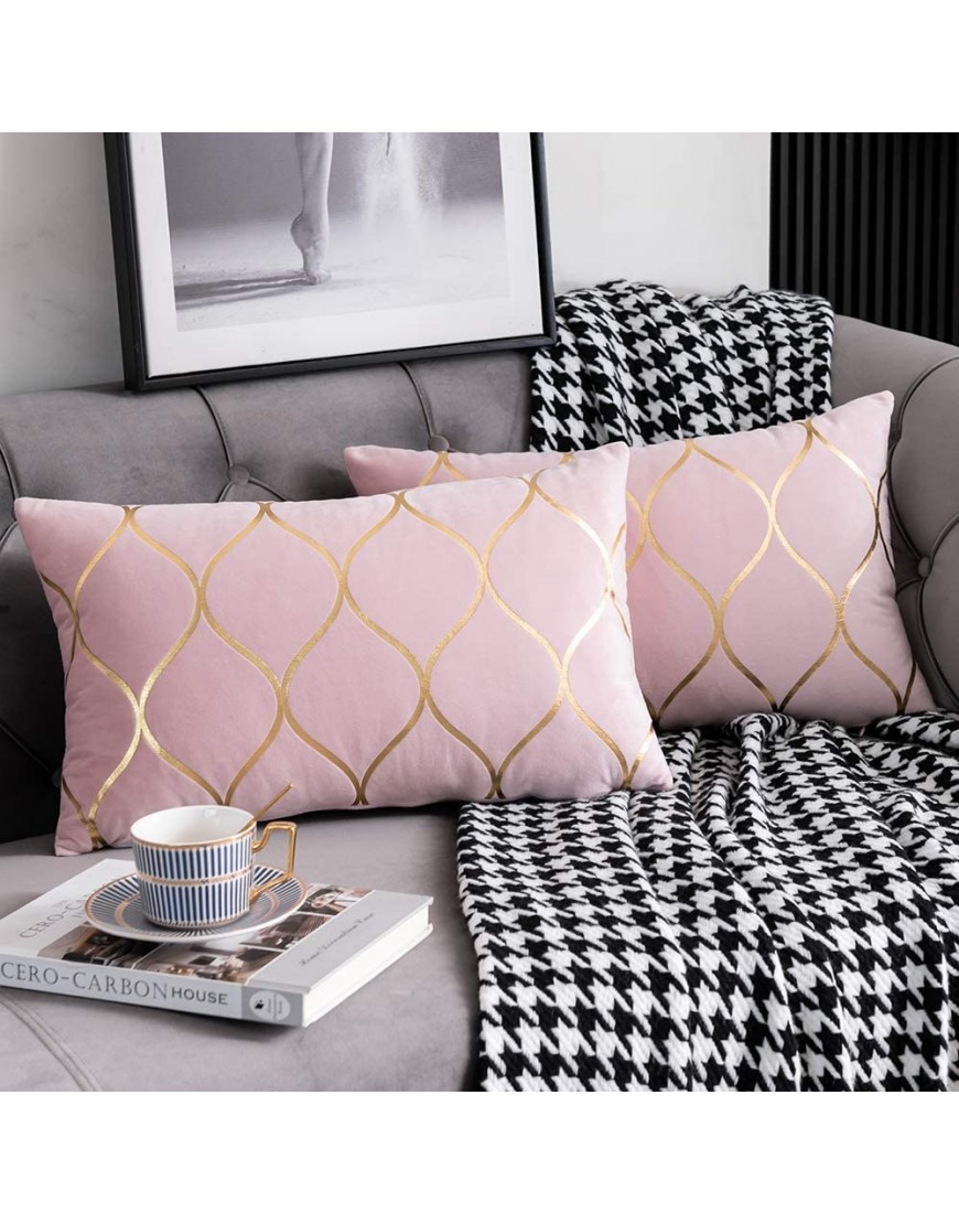 DEZENE Gold Velvet Throw Pillow Covers: 2 Pack 12x20 Inch Rectangular Decorative Pillow Cases for Bedroom Sofa Couch Living Room Pink