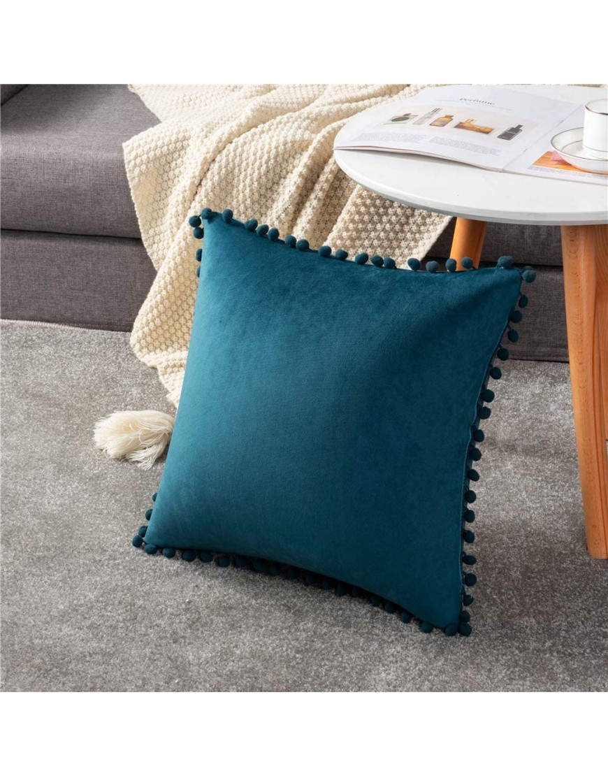 DEZENE Throw Pillow Cases 18x18 Teal: 2 Pack Cozy Soft Pom-poms Velvet Square Decorative Pillow Covers for Farmhouse Home Decor
