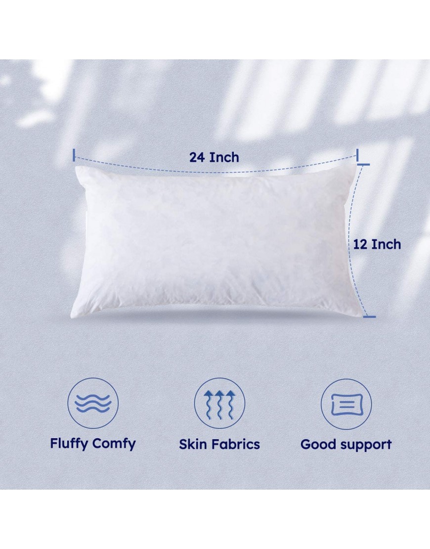 DOWNCOOL 100% Cotton Stuffer Throw Pillow Insert Set of 2 Rectangle Down and Feather Filled Decorative Bed Sofa Insert 12x24 Inch White